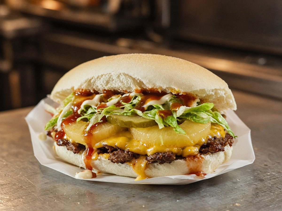 Broodje AZ: hamburger met ananas en huis-saus