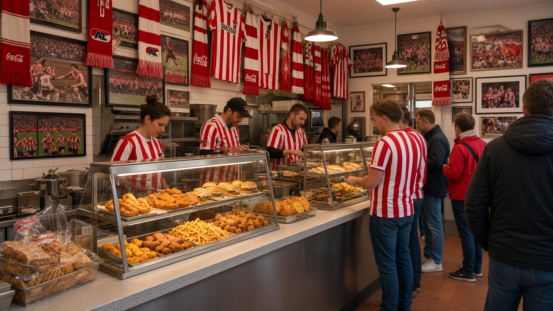 AZ-shirts en sjaals aan de muur boven de toonbank van Snackbar Danny